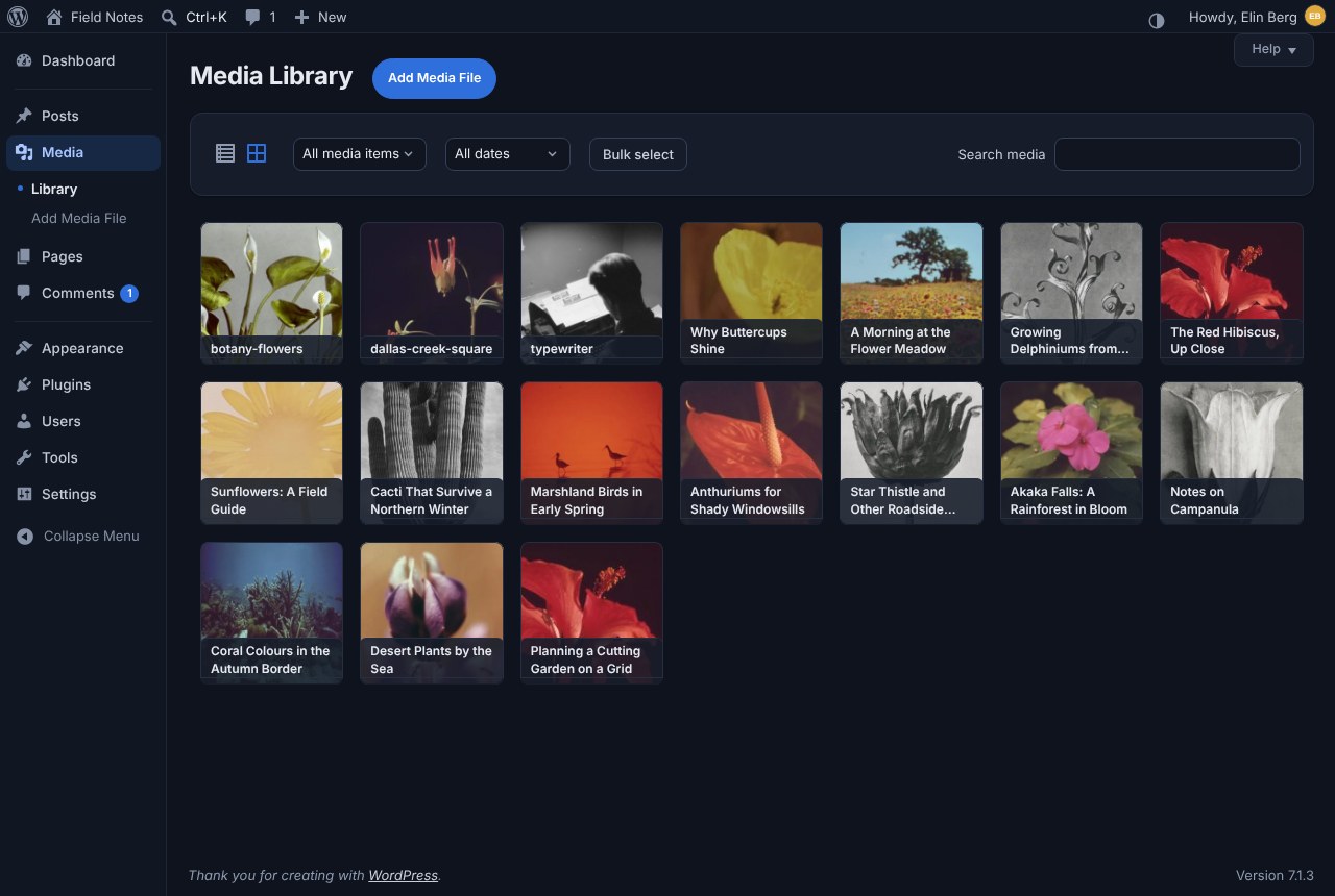 The media library in dark mode.