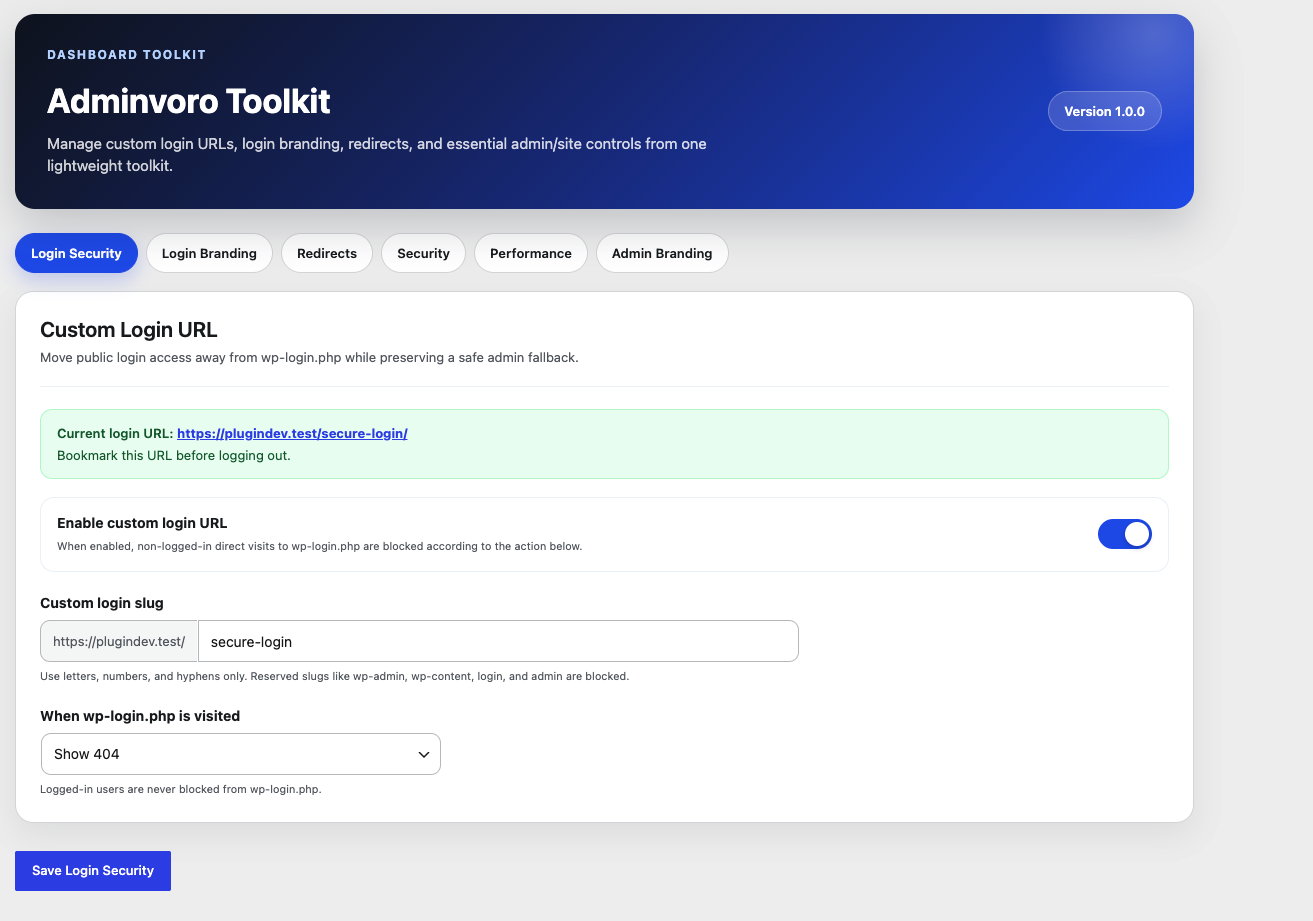 Adminvoro Toolkit settings dashboard and navigation.