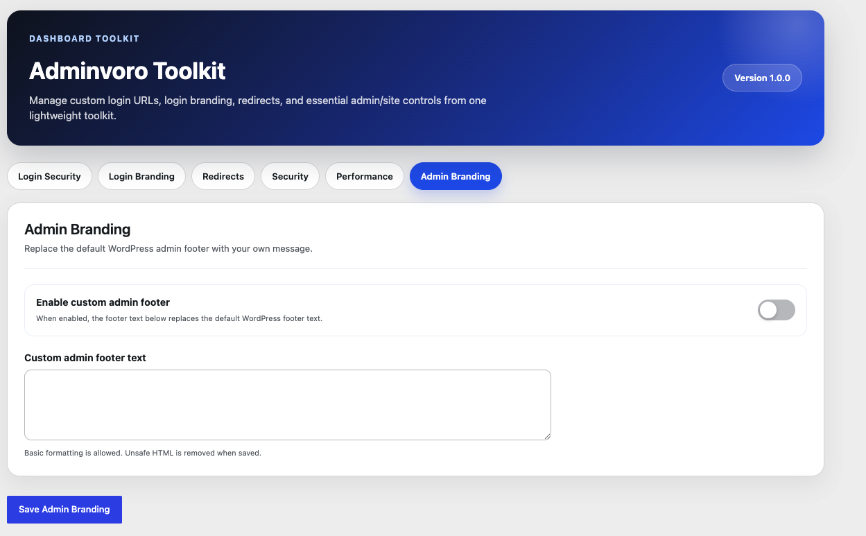 Custom WordPress admin footer branding.