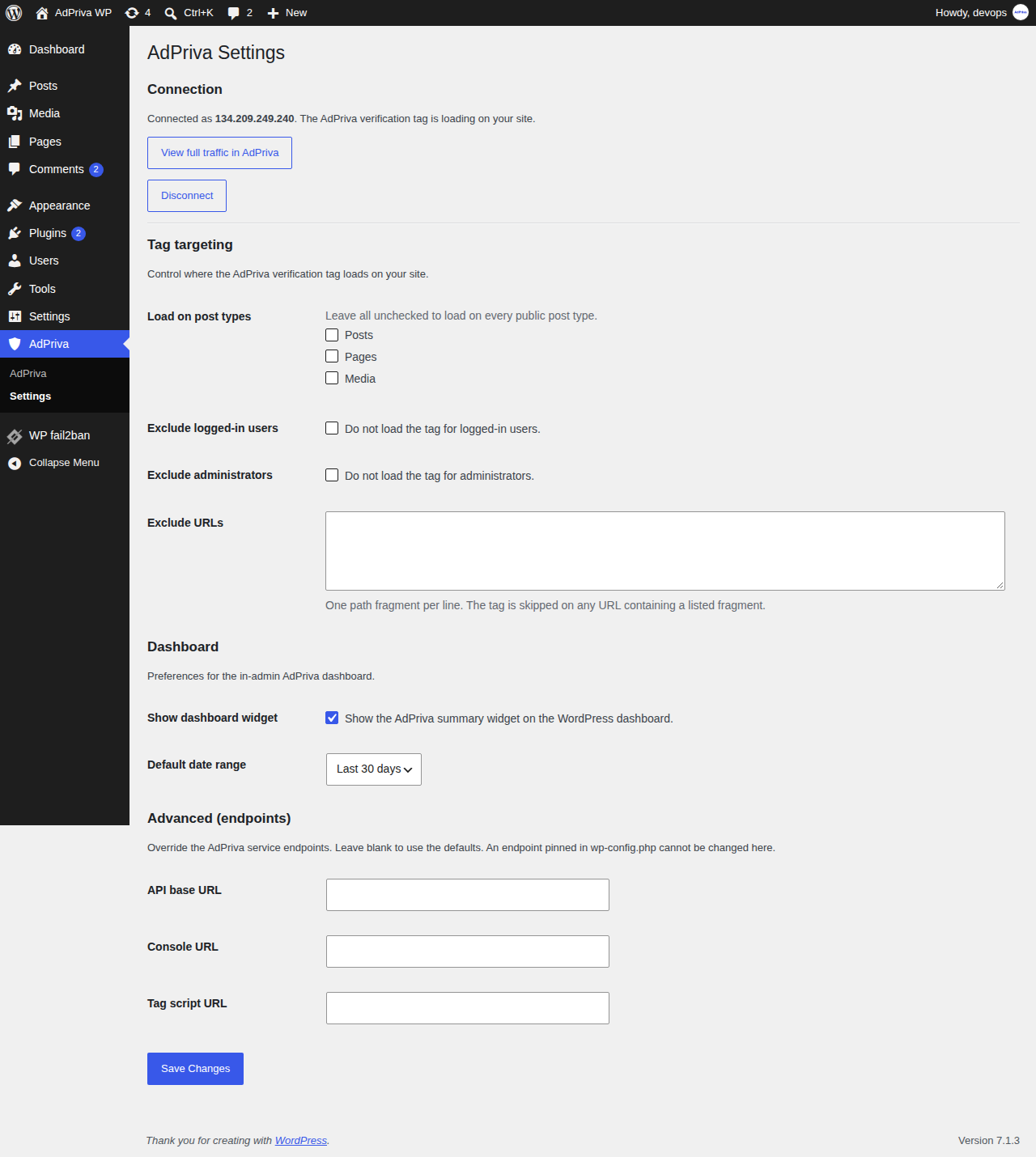 The AdPriva Settings page — tag targeting, dashboard, and advanced endpoint controls.