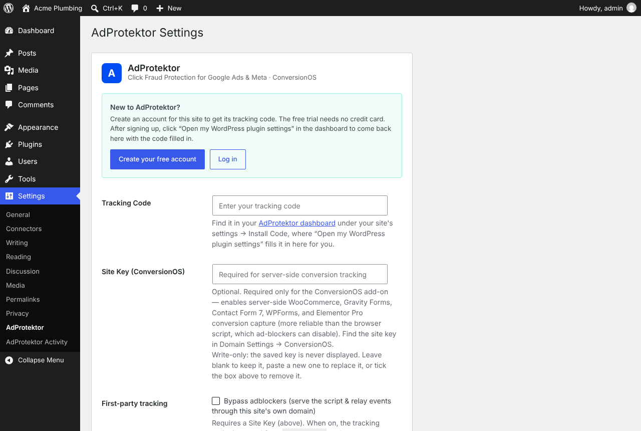 Settings → AdProtektor on a site that is not connected yet: create your free account, or enter your tracking code.
