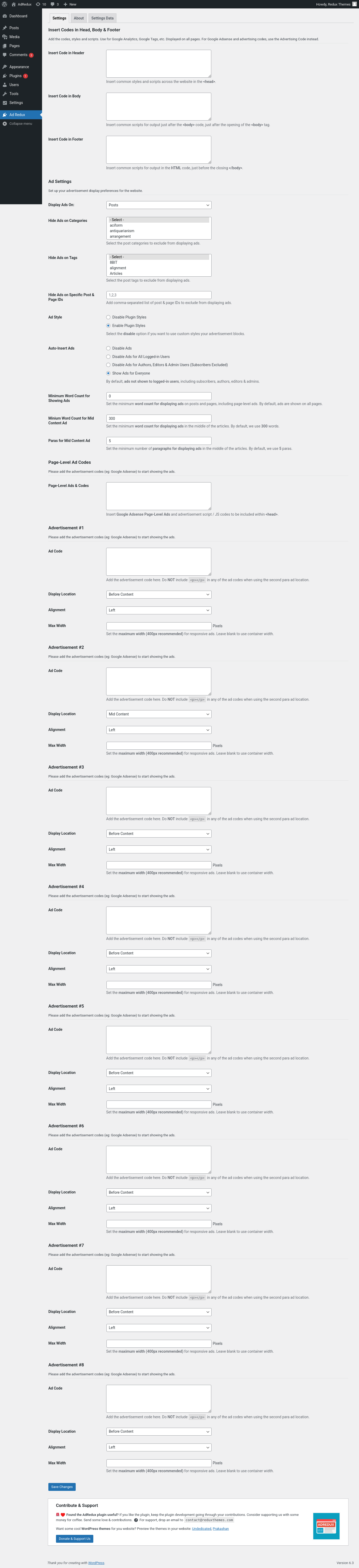 Ad Redux settings page screenshot