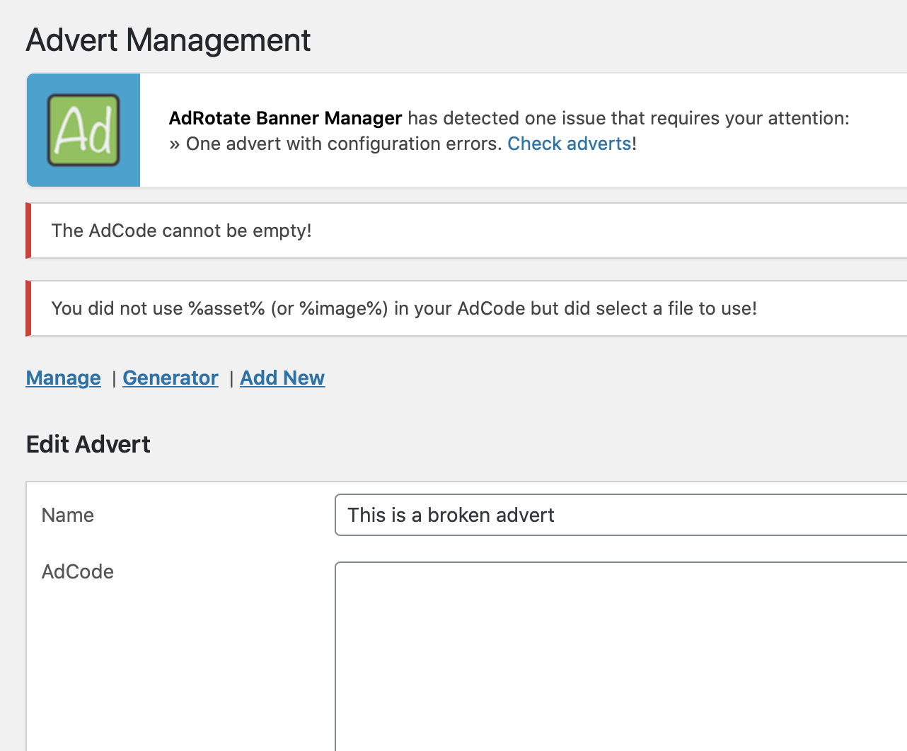 Error checking for ads in AdRotate