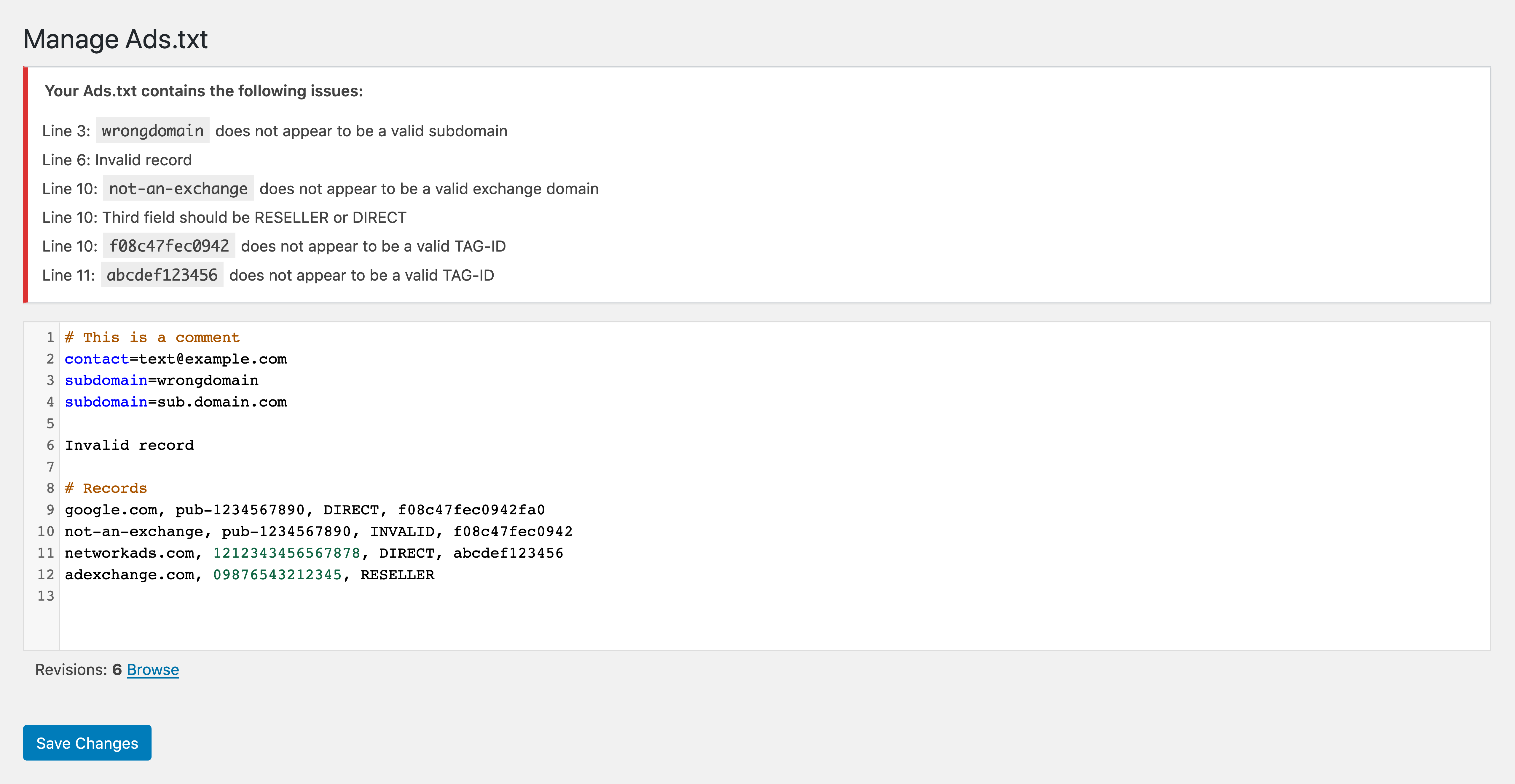 Example of editing an ads.txt file with errors and a link to browse ads.txt file revisions.