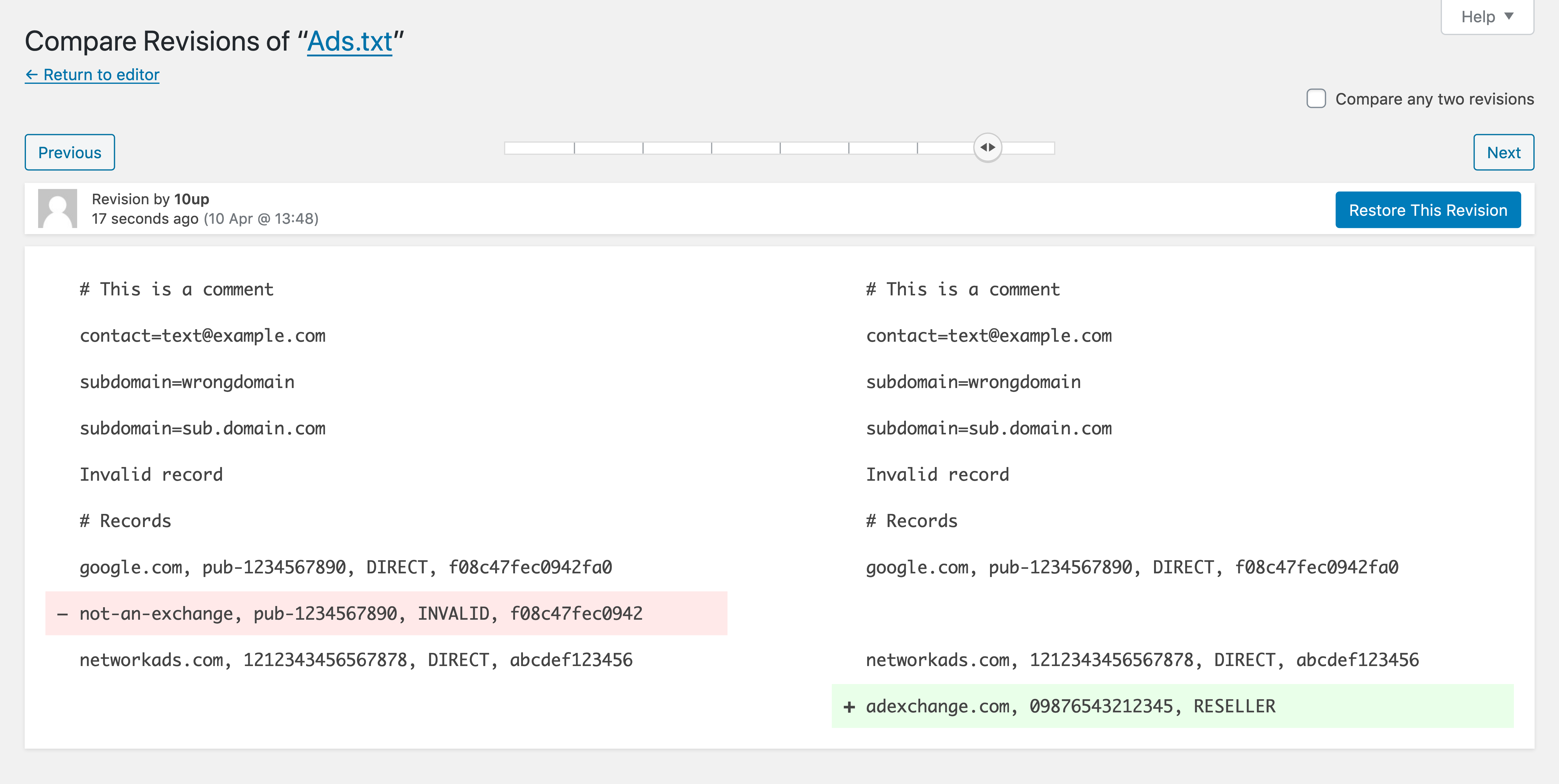 Example of comparing ads.txt file revisions.