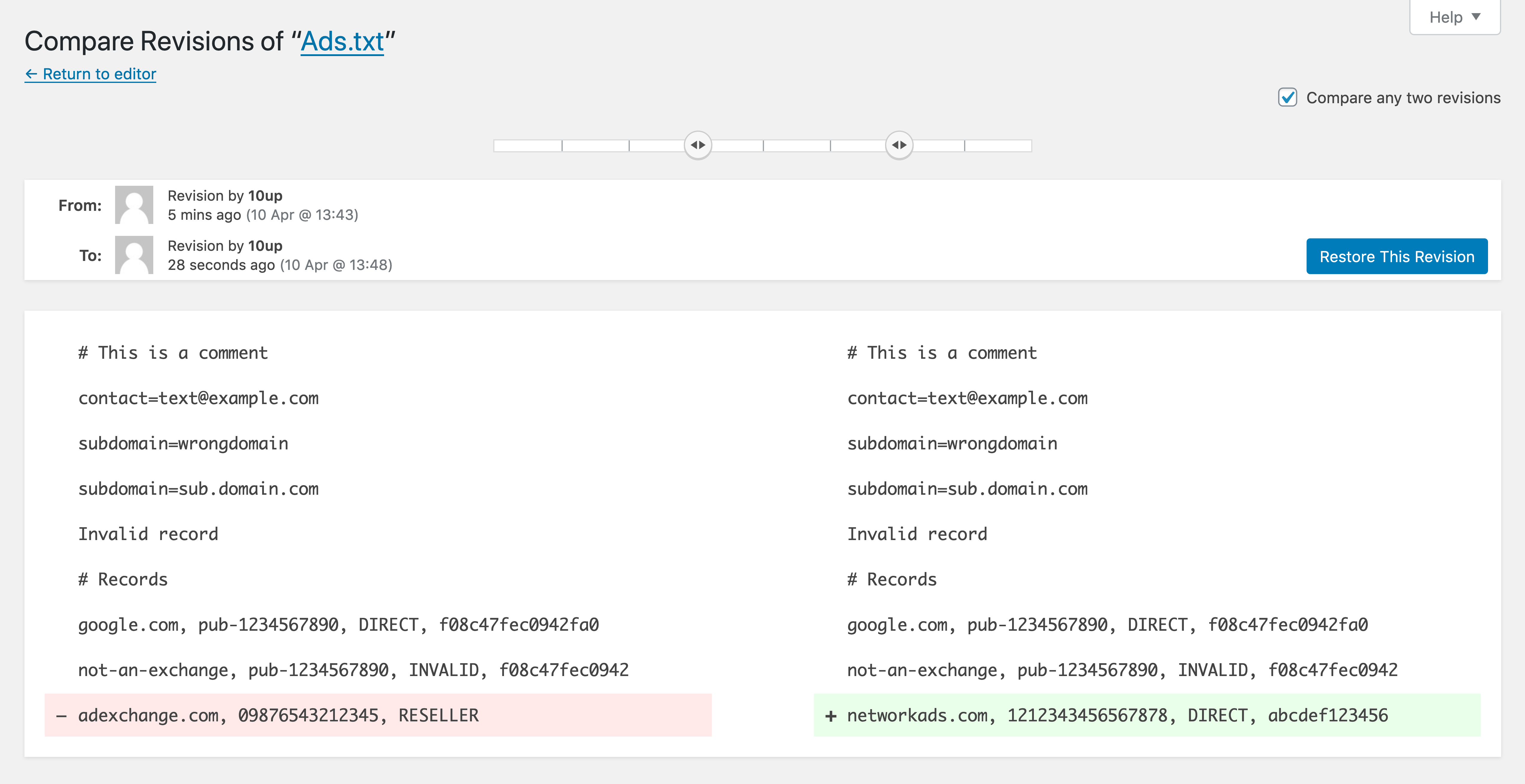 Example of comparing two disparate ads.txt file revisions.