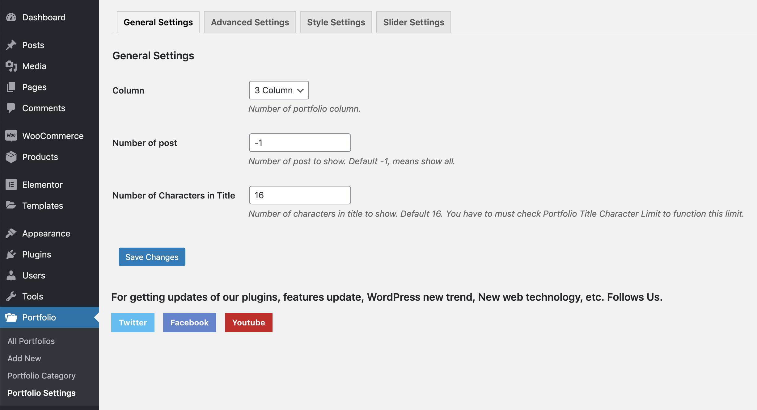 Portfolio Generel Settings.