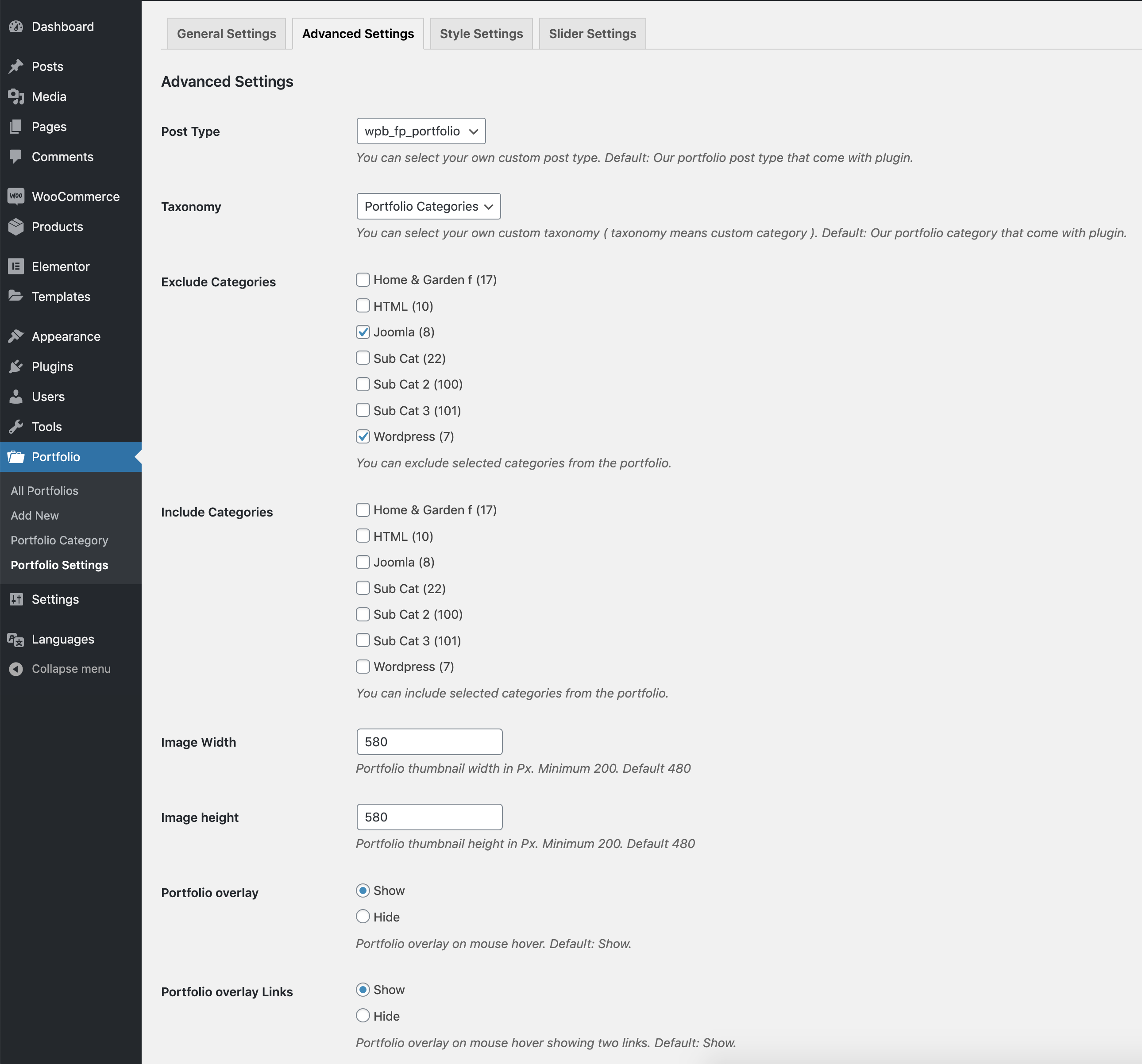 Portfolio Advanced Settings.