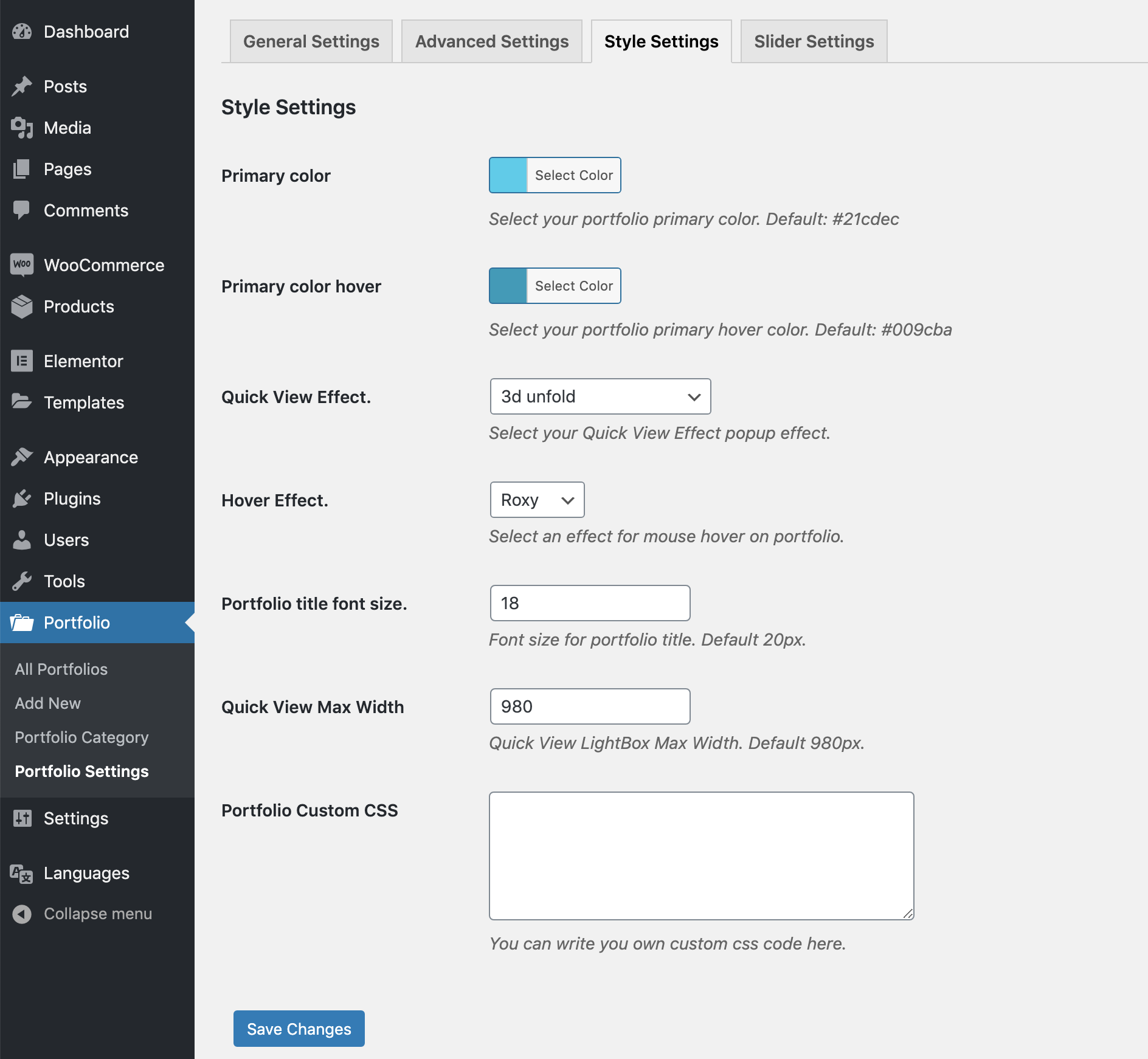 Portfolio Style Settings.