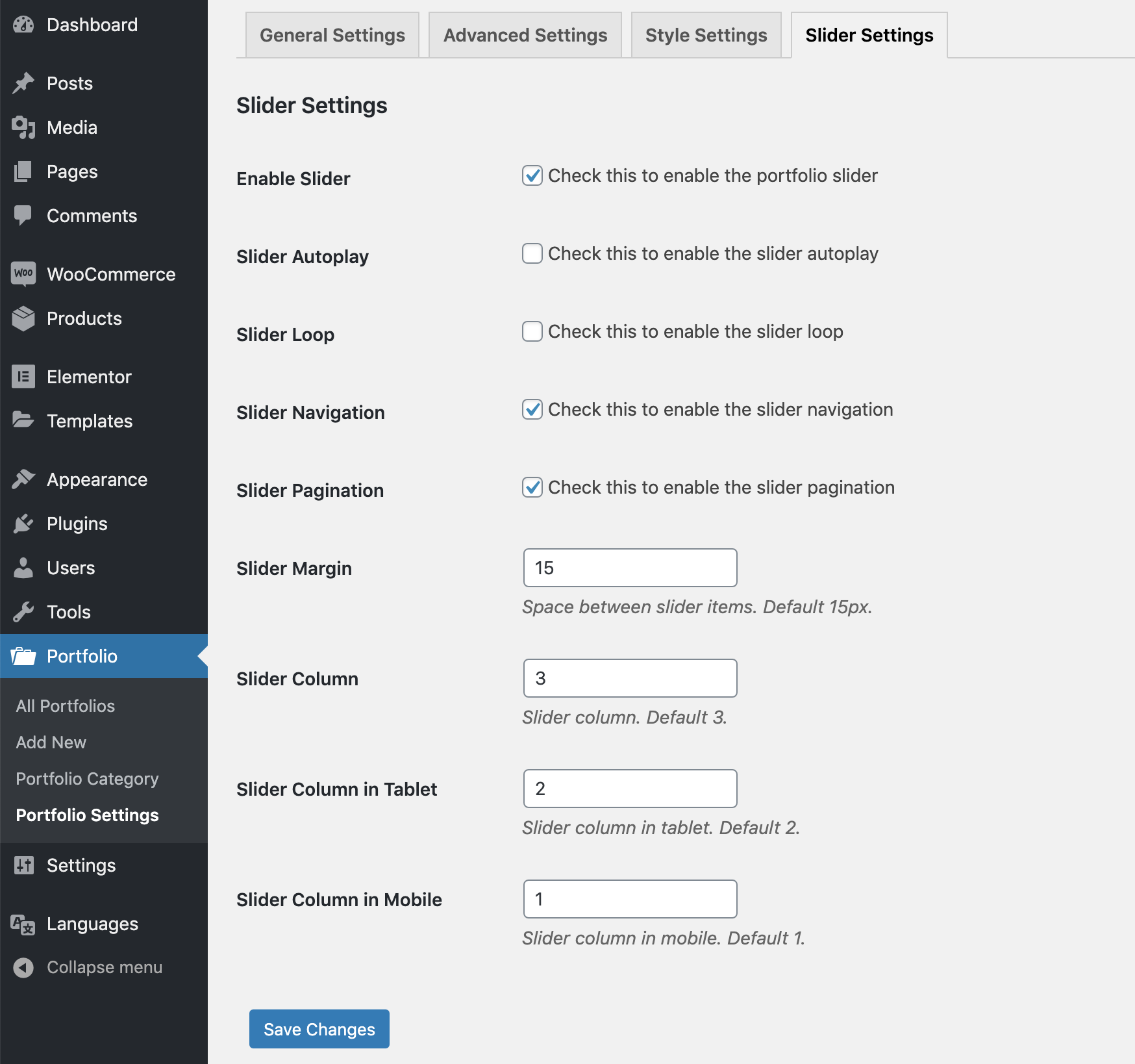 Portfolio Slider Settings.