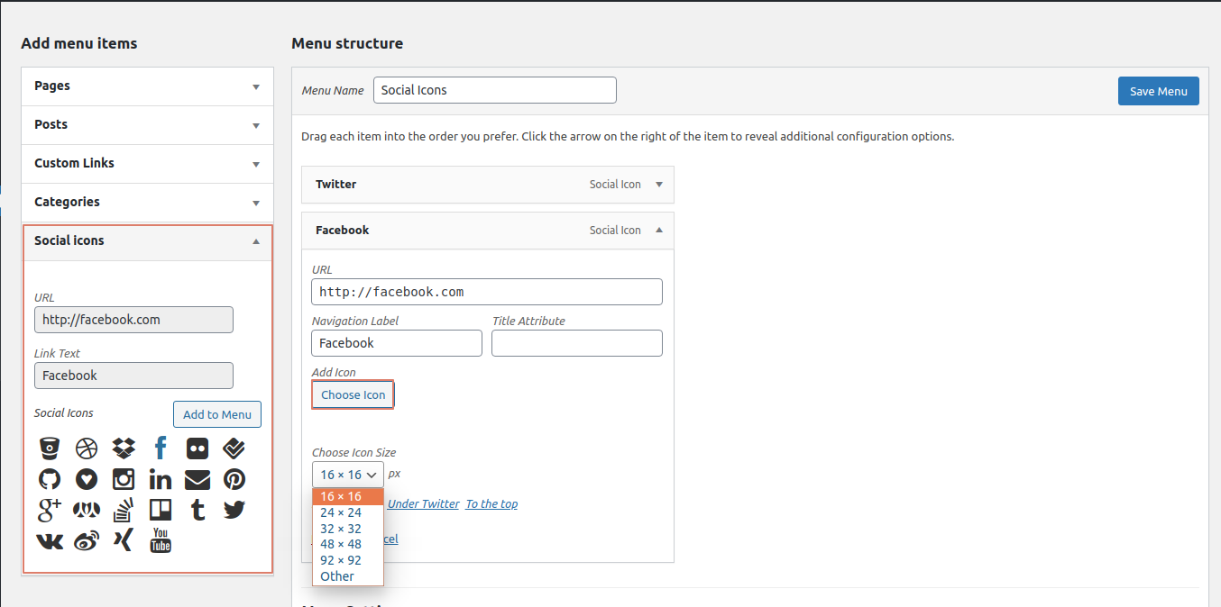 Add Social Icons in WordPress Menu Editor.