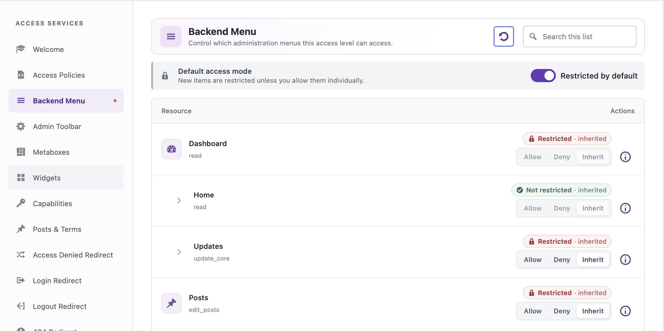 Manage access to backend menu