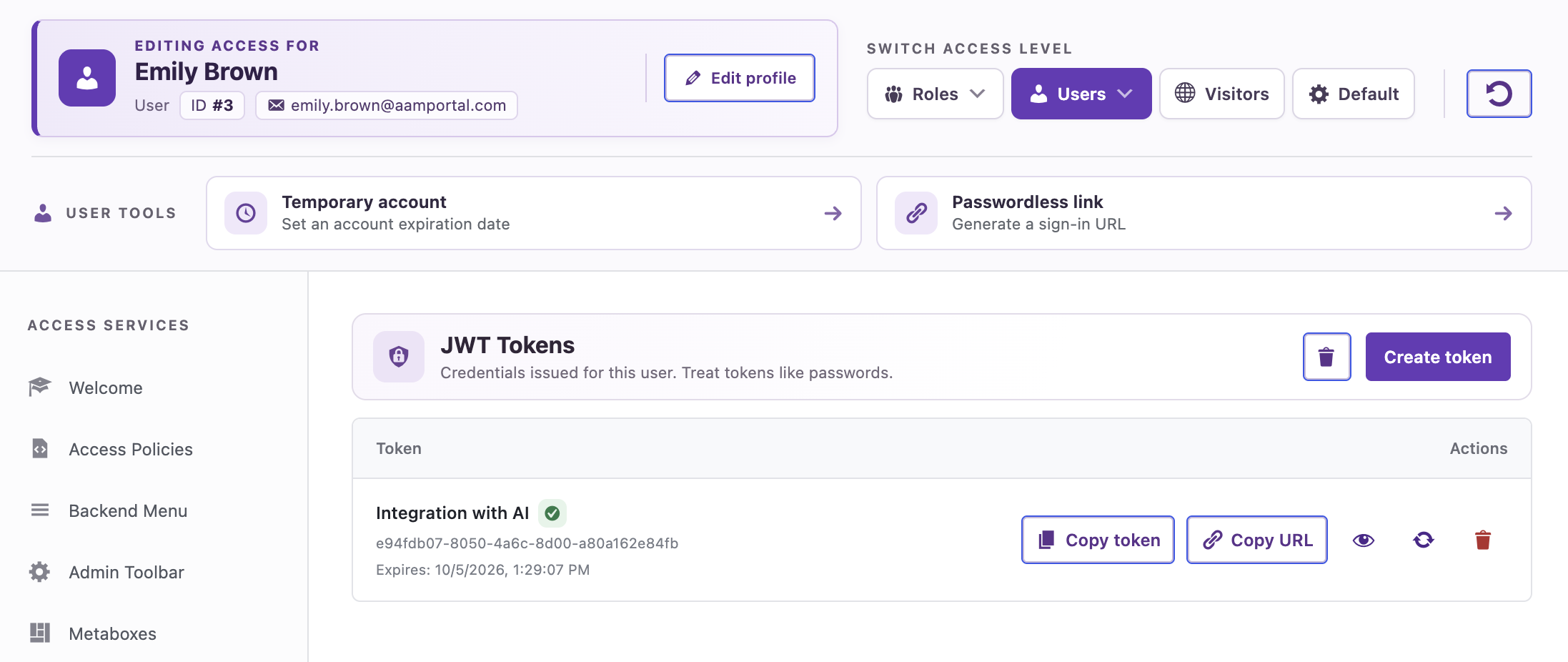 Manage JWT tokens for any user