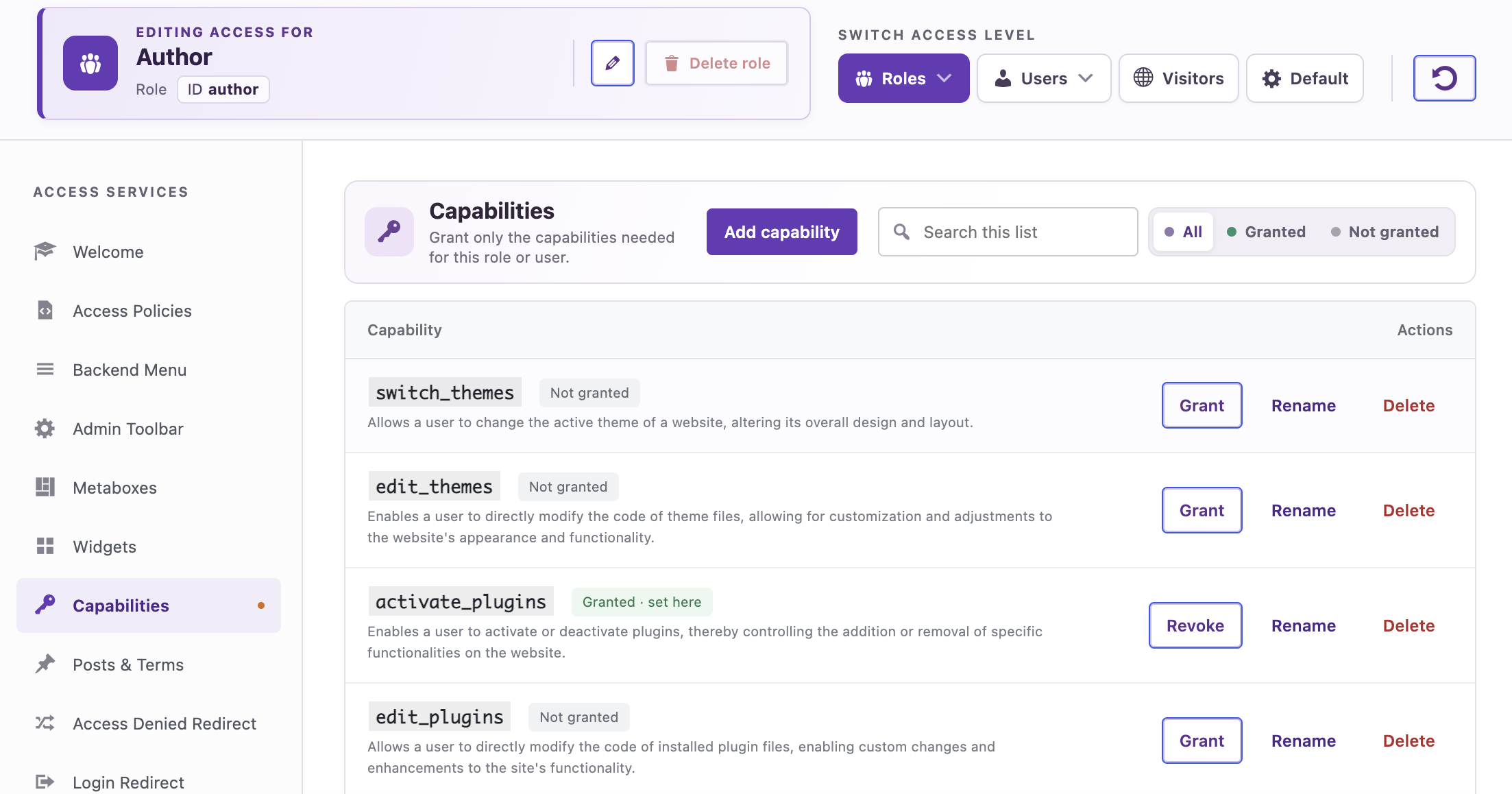 Manage capabilities for roles and users
