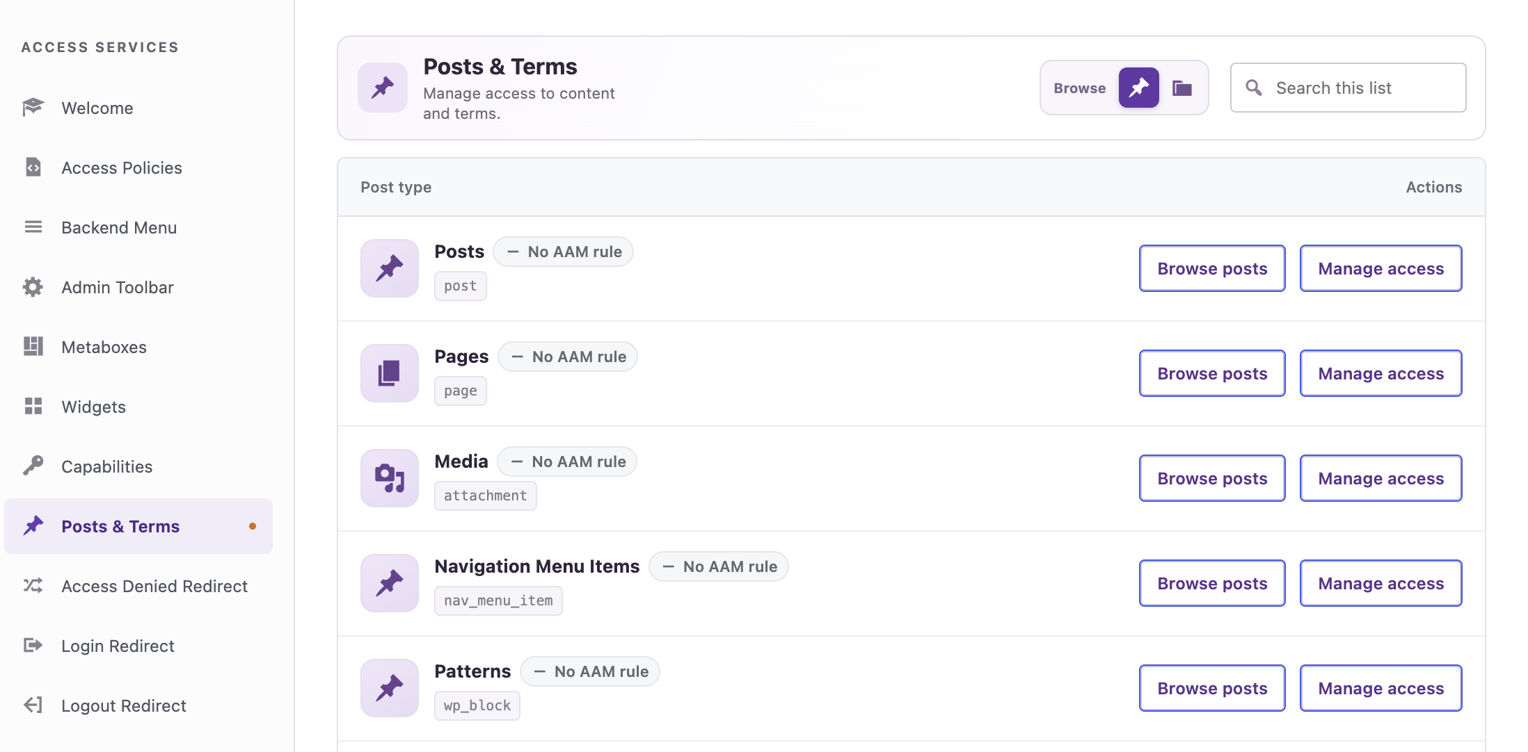 Manage access to posts, pages, media or custom post types