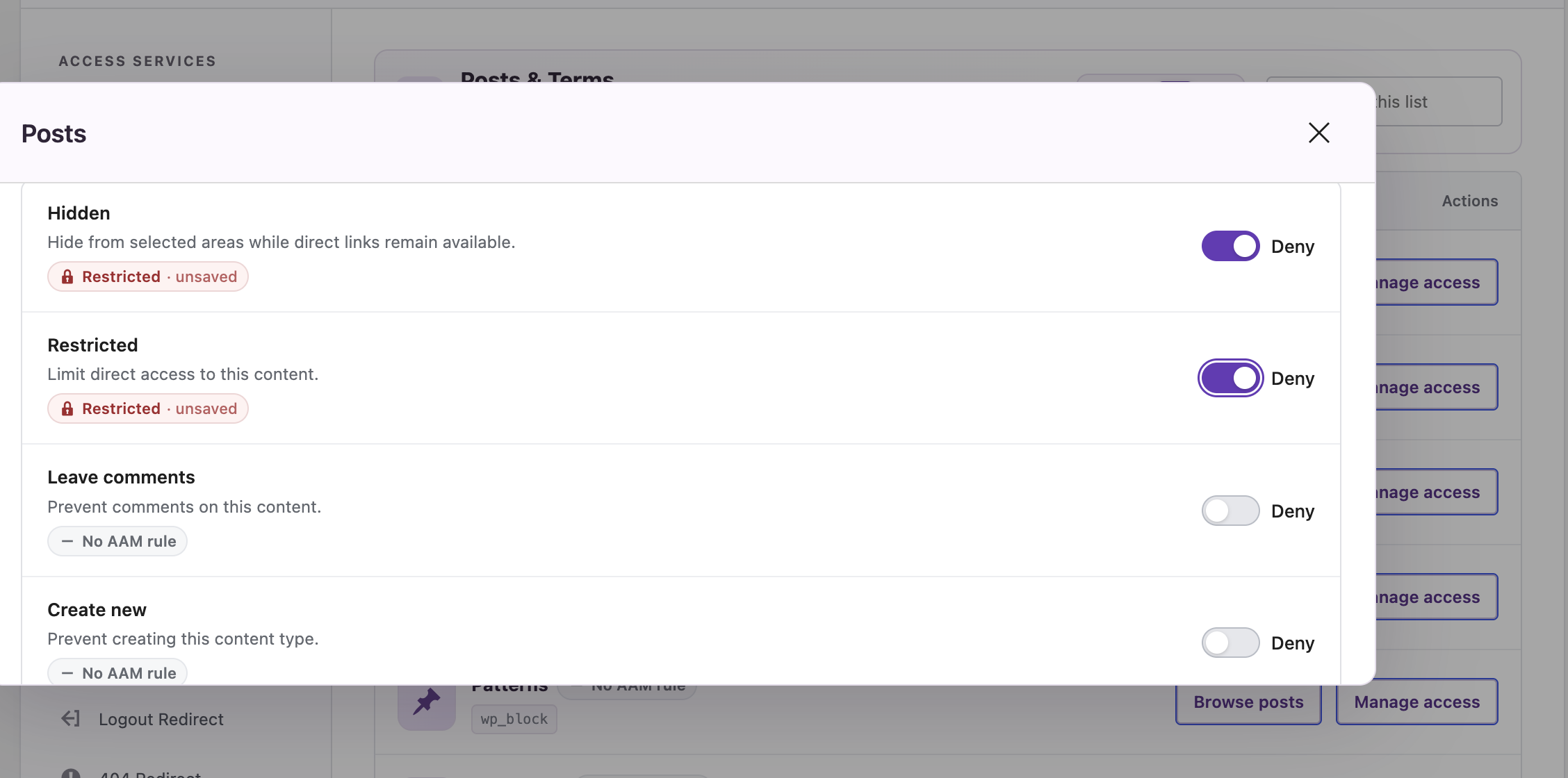 Posts and pages access options form