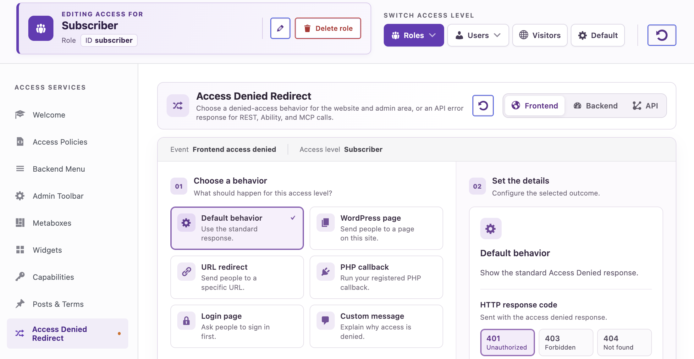 Manage access denied redirect rule