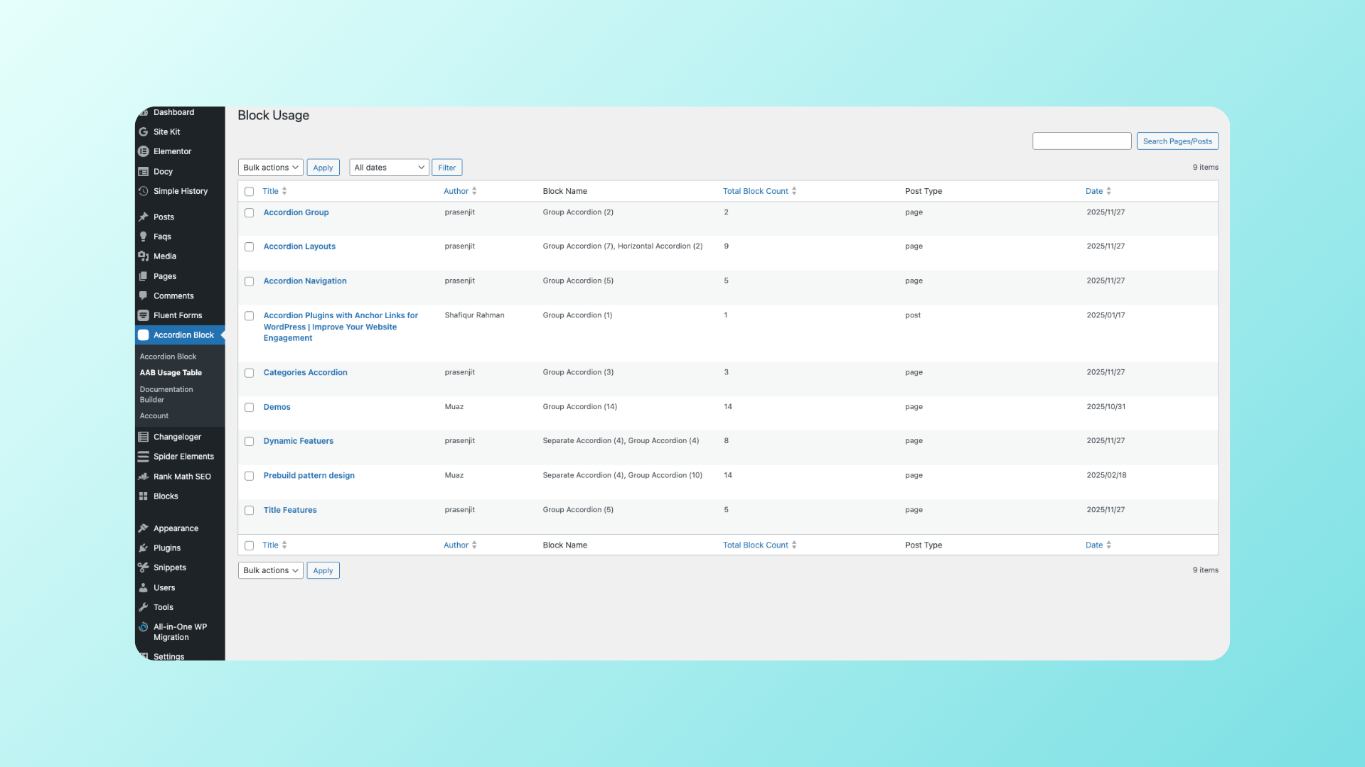Admin Dashboard – Accordion usage tracking and analytics panel.