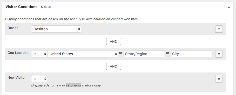 Use various conditions to choose who should see ads (basic plugin and more in add-ons).