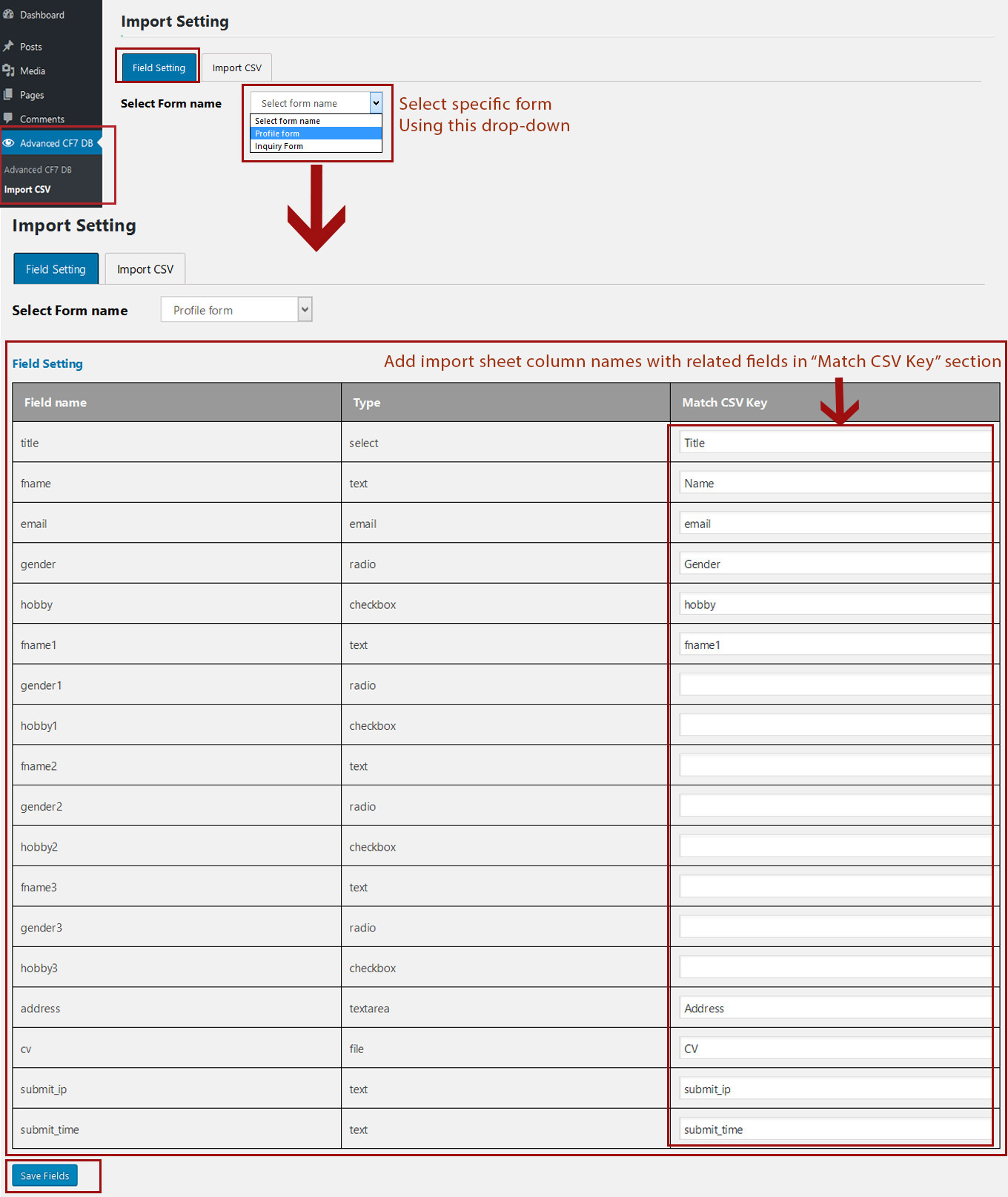 Setup import file fields.