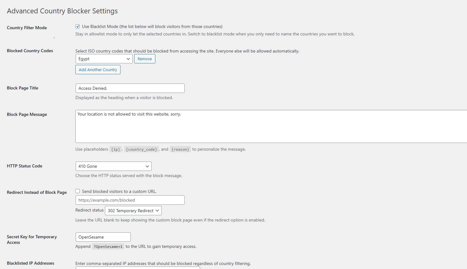 Settings Page – Configure allowed/blacklisted countries, IPs, and email alerts.