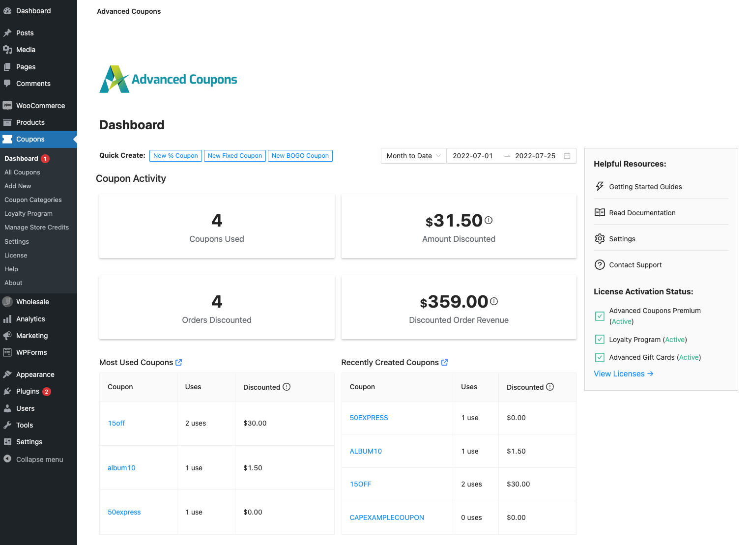 Advanced Coupons Dashboard Statistics