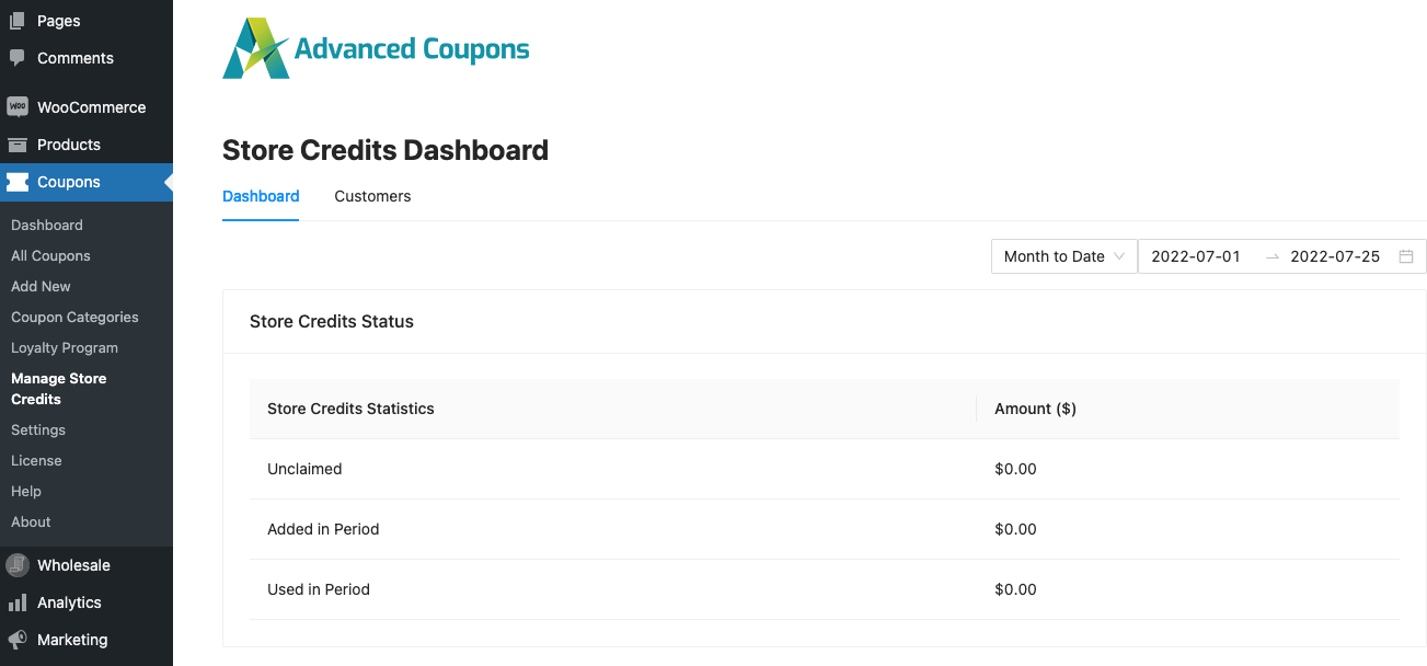 Store Credits dashboard