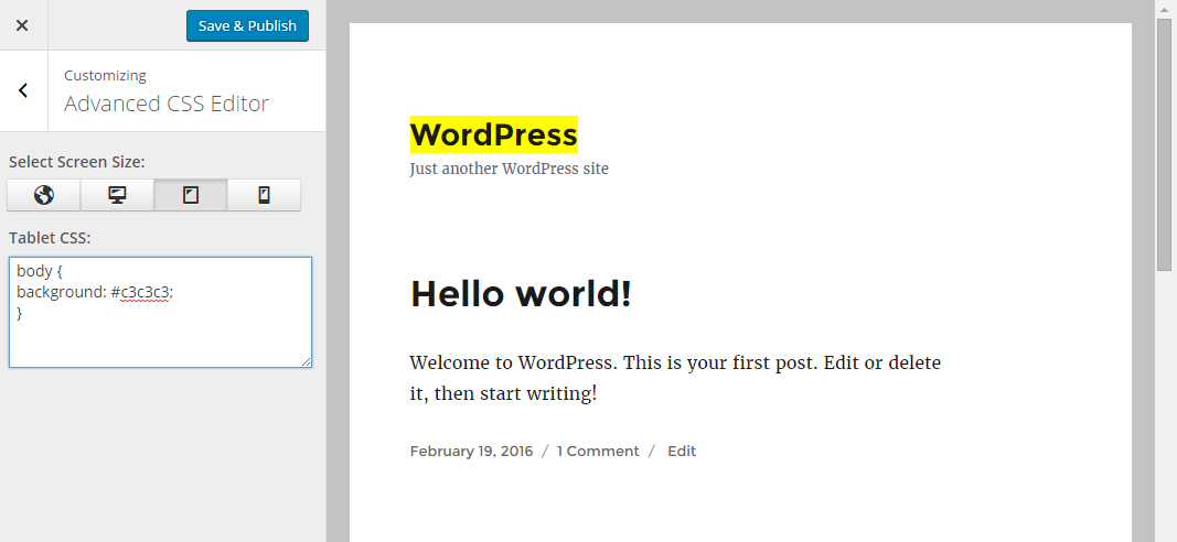 Screenshot 3. Add custom CSS for Tablet