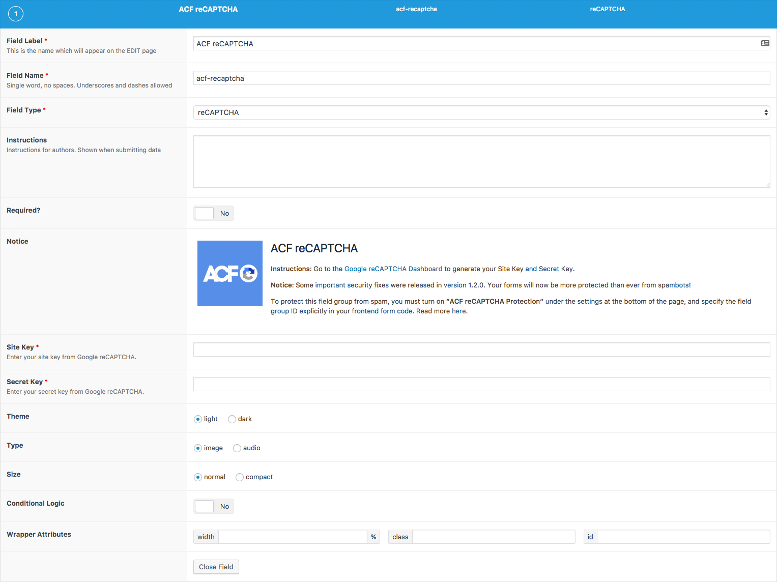 Advanced Custom Fields: reCAPTCHA Field