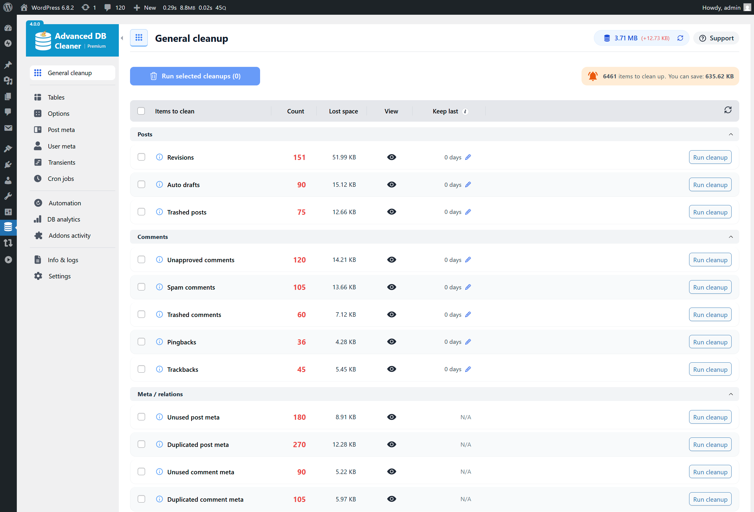 General Cleanup overview (list of database items to clean, total count & size)