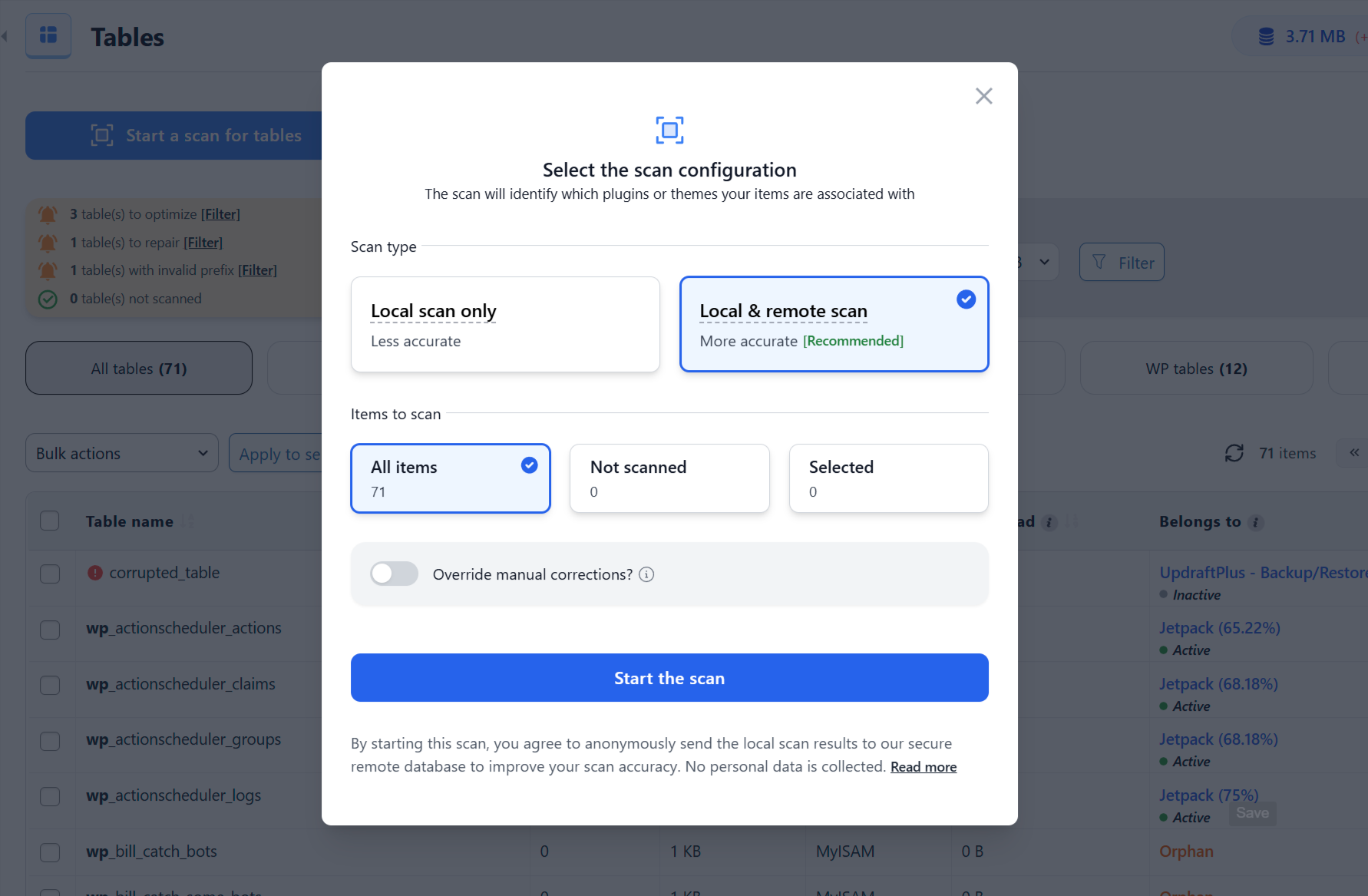 Start Scan modal - Full scan selected (in Premium)