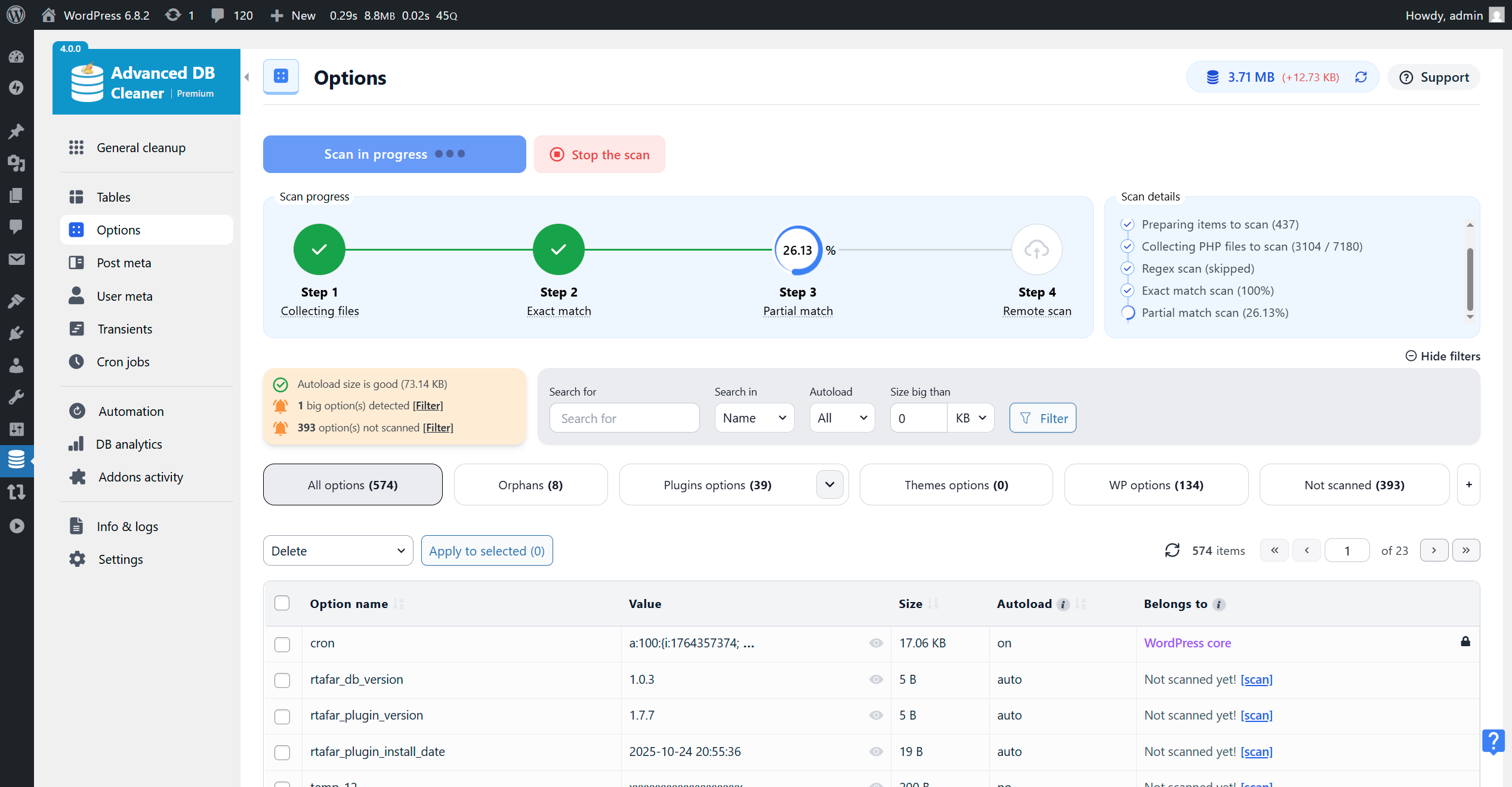 Scan running for Options - Exact Match step (in Premium)