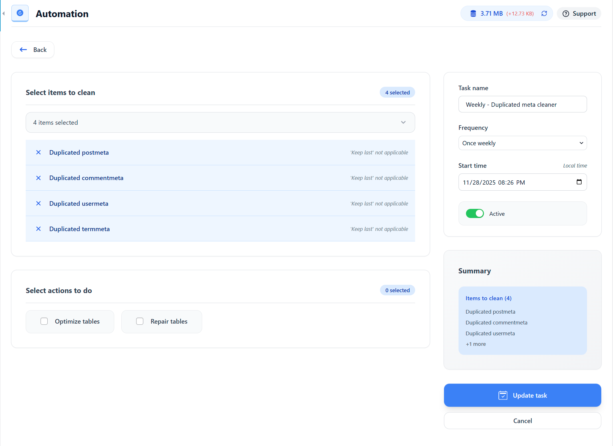 Create an Automation Revisions cleanup task (keep last 2 revisions per post)