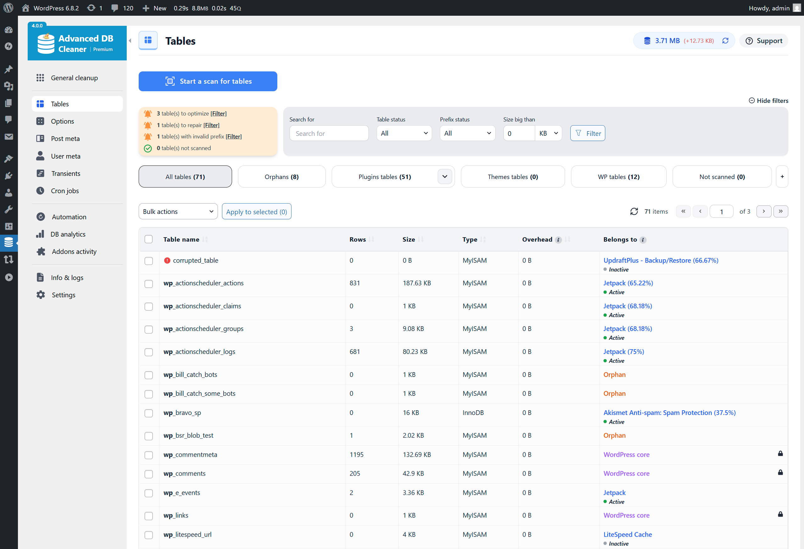 Tables overview (filters & scan in Premium)