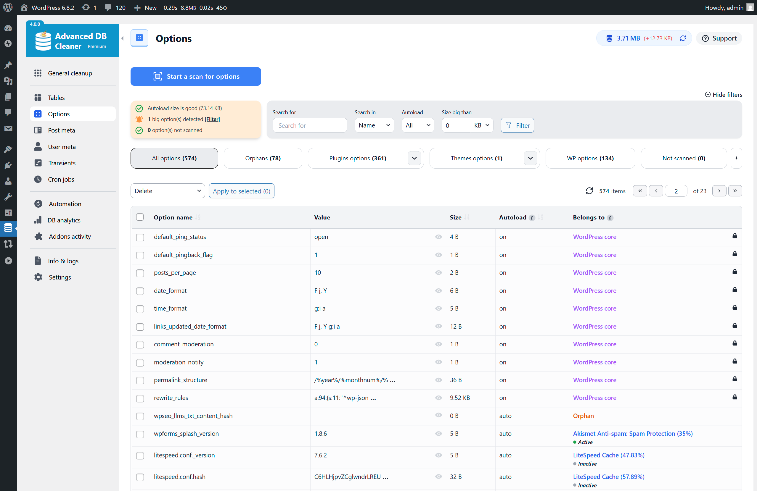 Options overview (filters & scan in Premium)