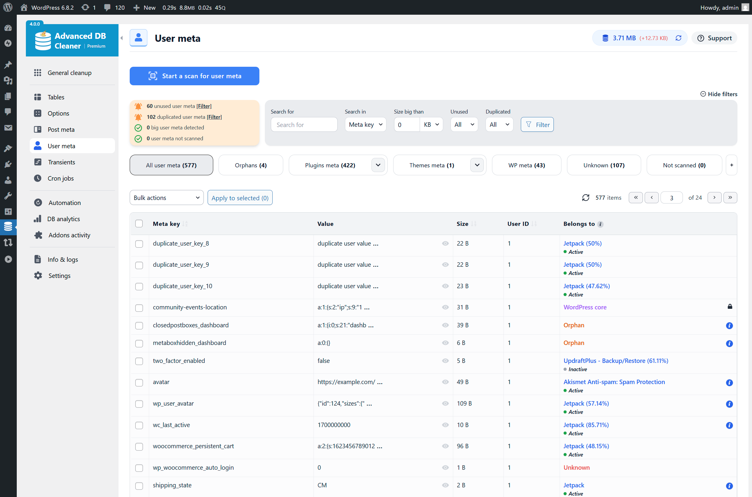 User Meta overview (filters & scan in Premium)