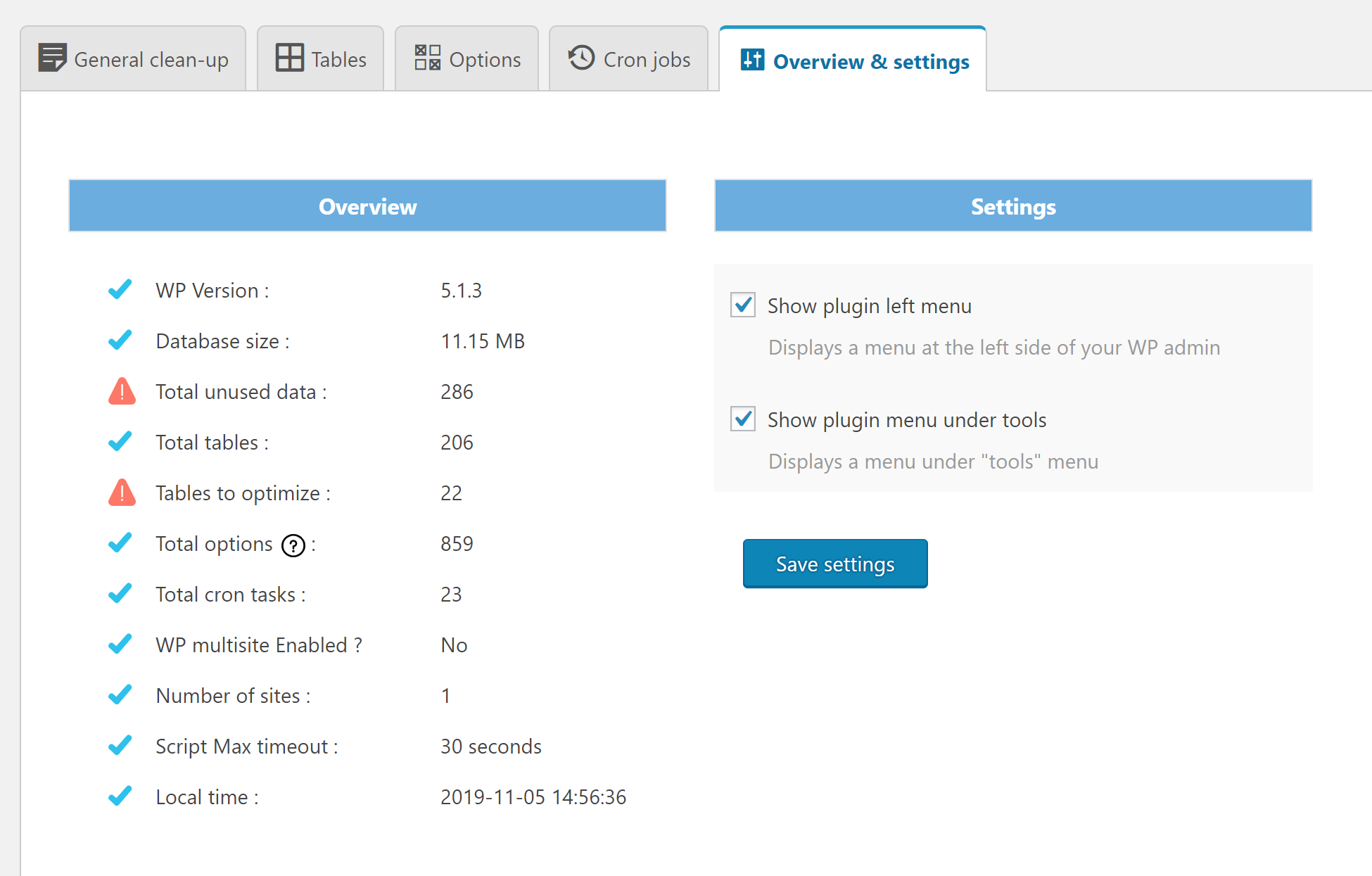 Overview and settings page