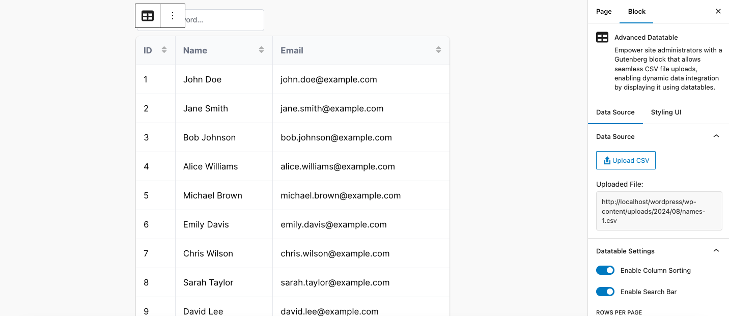 Once Advanced Datatable is selected from widgets section, it will display a message to upload a csv file. As soon as csv file is uploaded, a beautiful datatable will be presented to the admin with the provided csv data.