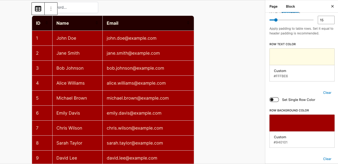 Single color table output of the Advanced Datatable block plugin on frontend using WordPress's default Twenty Twenty-Four theme.