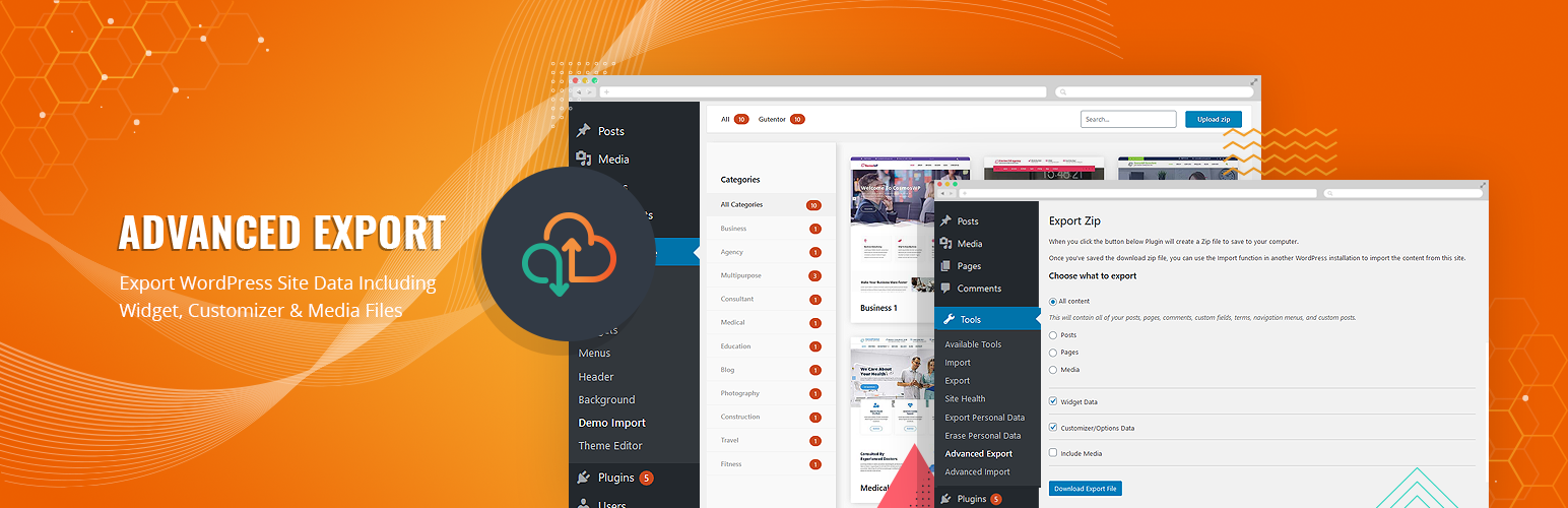 WordPress 外掛 Advanced Export: Export WordPress Site Data Including Widget, Customizer & Media Files 的封面圖片。