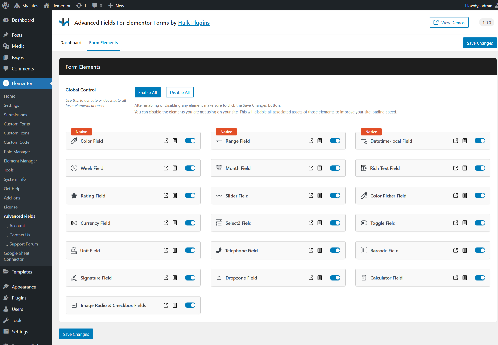 Product settings page.