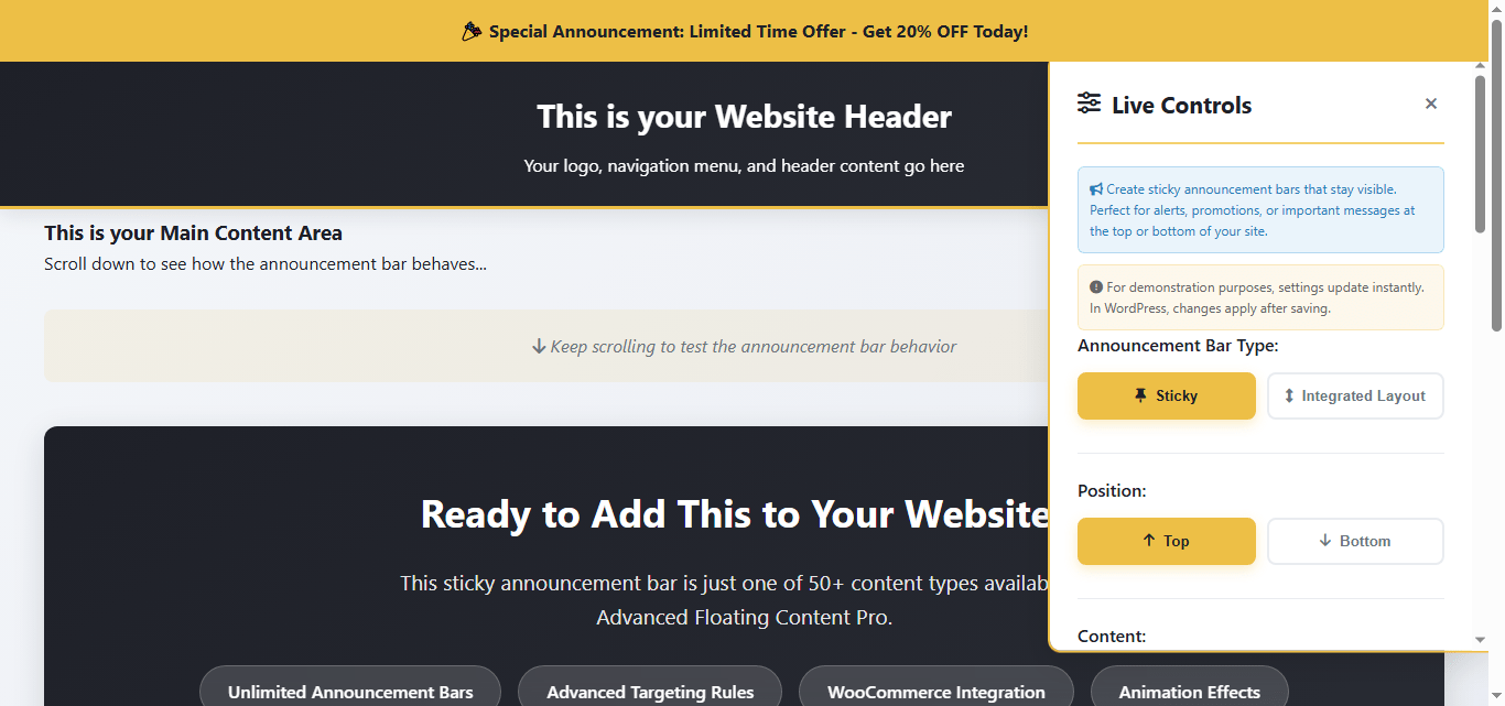 [PRO] Sticky Announcement Bars - Header/Footer modes