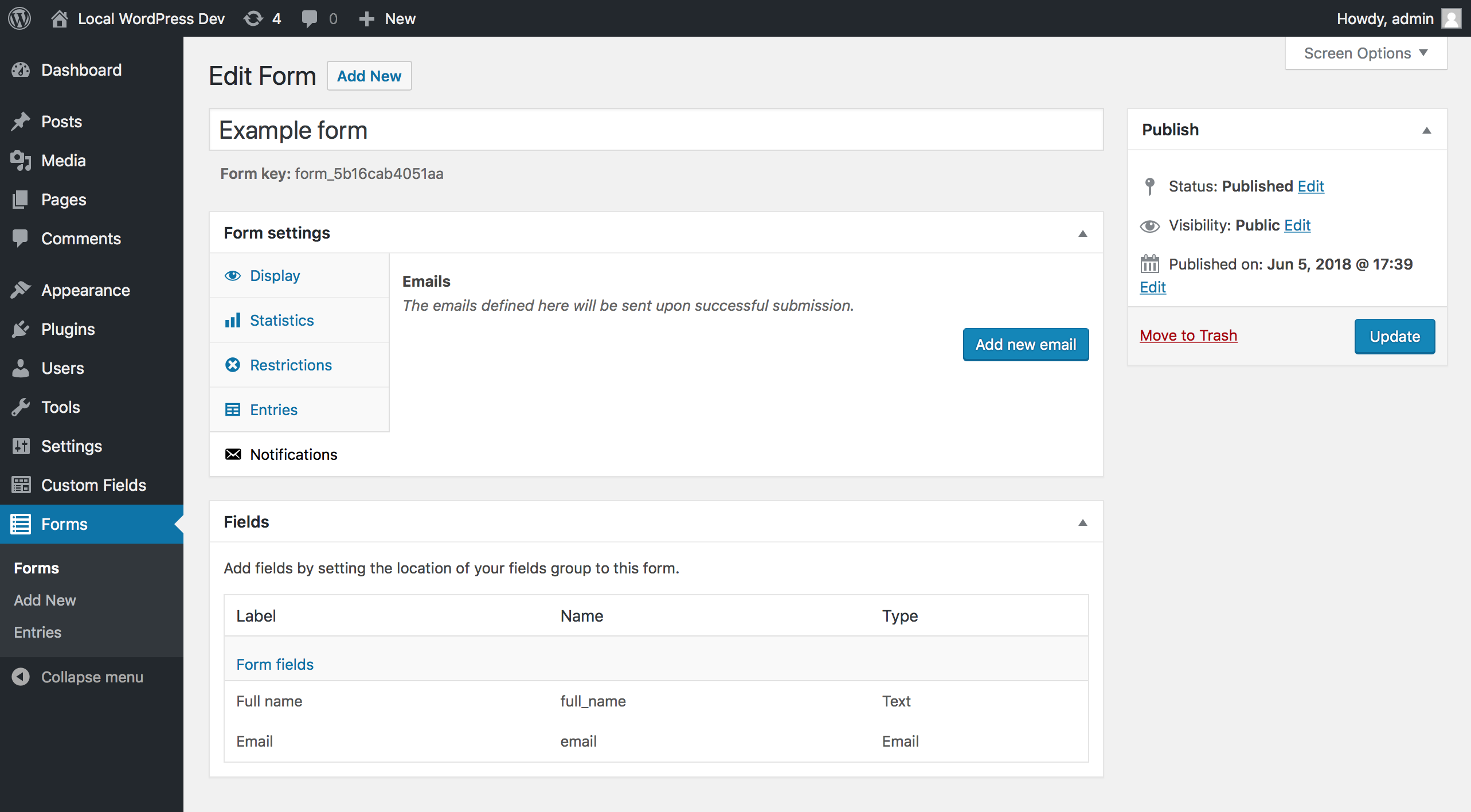 Form edit page with form settings and a list of form fields