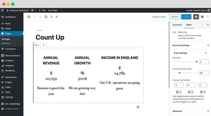 Count up blocks: The Count Up block is perfect for showcasing numbers in Gutenberg. You can use it to show how many clients you have, how much money you have raised etc.