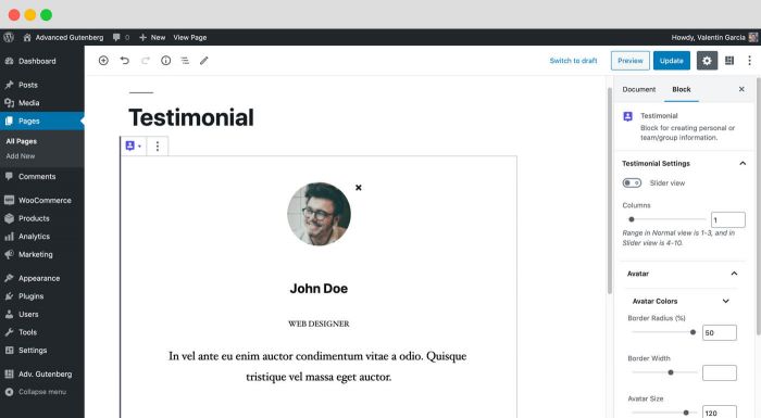 Testimonial Blocks: The Testimonial Block allows you to add clients testimonials to Gutenberg.