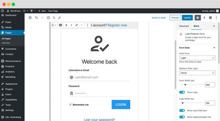 Login &amp; Register Gutenberg Block: This block allows you to load a WordPress login or registration form inside Gutenberg.