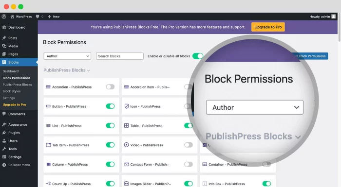 Block permissions: PublishPress Blocks allows you to enable or disable blocks per user role.