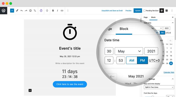 Countdown Block: Create a customizable countdown block with a lot of settings, including date and time layout, font size, and more.