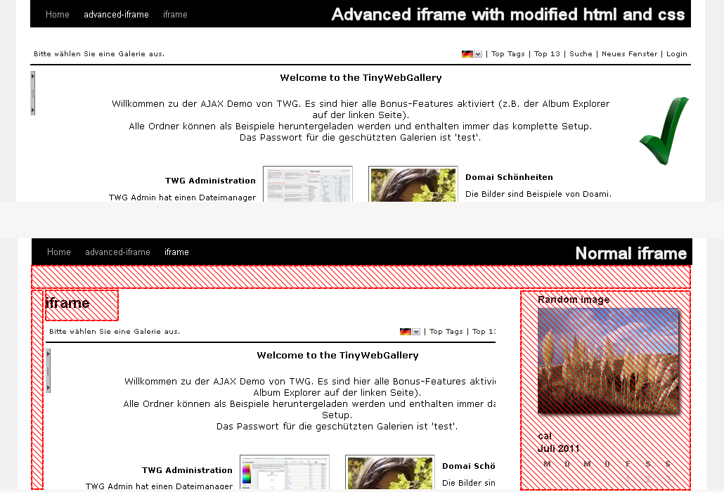 Comparison between normal iframe and advanced iframe wrapper. The red areas are modified by the advanced iframe to display the content better.