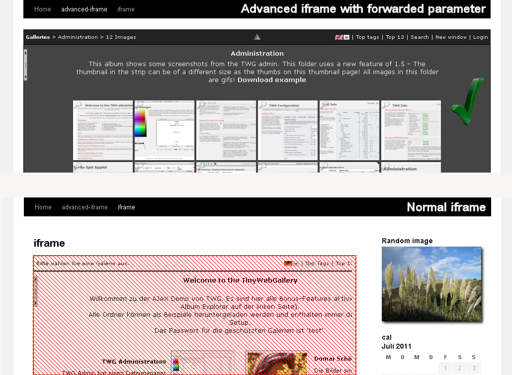 This image shows the difference with an url forward parameter. In the advanced iframe a sub album is shown while the normal iframe still shows the entry screen.